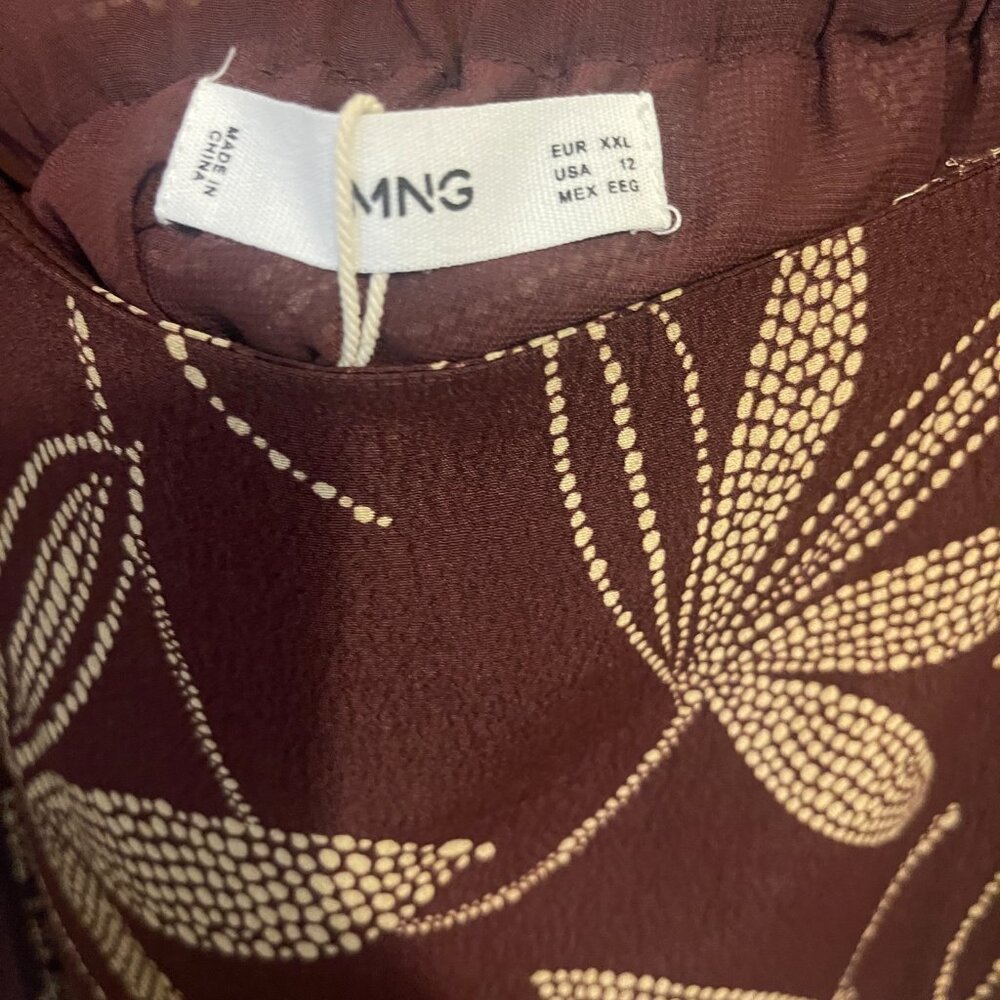 Mango Brown Puff Sleeve Midi Dress with Gold Leaf Print – Size XXL - Picture 6 of 11